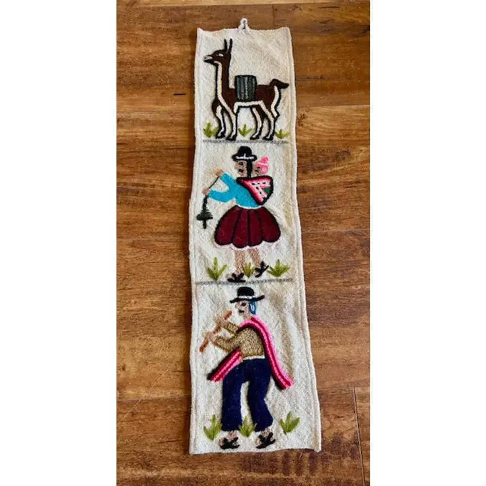 Handcrafted Peruvian Wool Wall Hanging with Embroidered Llama and Figures
